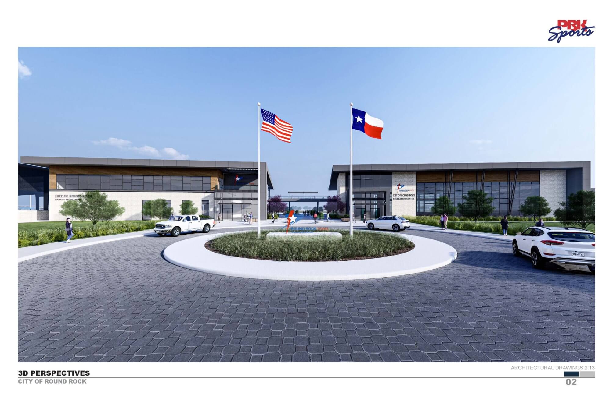 Conceptual rendering of the front of the Old Settlers Park Recreation Center and PARD admin offices