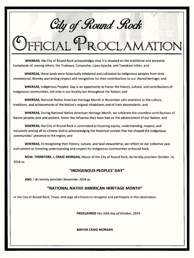 Text of City of Round Rock proclamation recognizing October 14, 2024 as Indigenous Peoples' Day and October 2024 as Native American Heritage Month